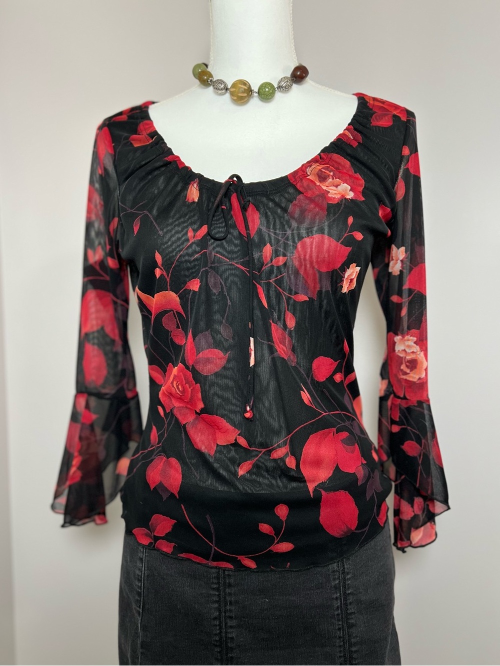 Vintage Y2K Wet Seal Floral Blouse Whimsygoth Romantic Ruffle Bell Sleeve Top 🖤🌹